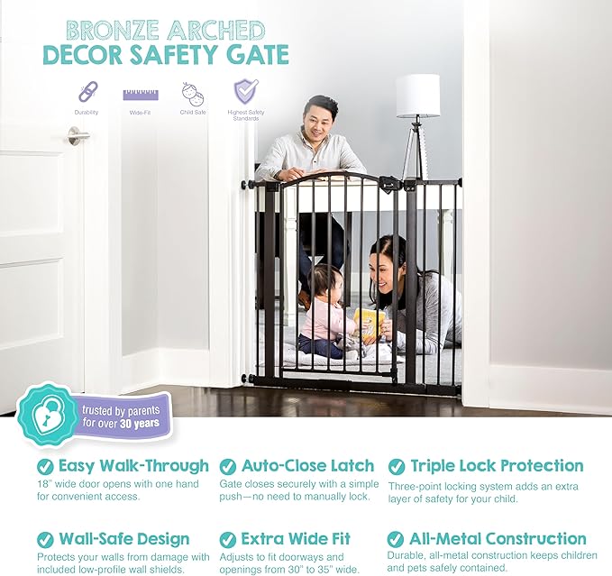 Regalo Safety 30"-35" Extra Wide Baby Gate, Bottom of Stairs & Doorways | Pressure Mounted with Door, For Babies, Toddlers & Pets, Bronze, Tested & Trusted for 30 Years