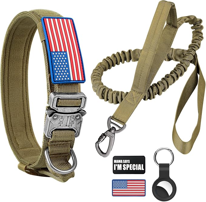 Tactical Dog Collar and Bungee Leash Set, Adjustable Military Training Nylon Dog Collar with Controll Handle and Heavy Metal Buckle，with USA American Flag, Patches and Airtags Case (M, Brown)