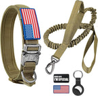 Tactical Dog Collar and Bungee Leash Set, Adjustable Military Training Nylon Dog Collar with Controll Handle and Heavy Metal Buckle，with USA American Flag, Patches and Airtags Case (M, Brown)