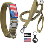 Tactical Dog Collar and Bungee Leash, Camo Military Dog Collar & Leash Set with USA American Flag Adjustable K9 Collar with Heavy Duty Metal Buckle & Handle,with Patches and Airtags Case (L, Brown)