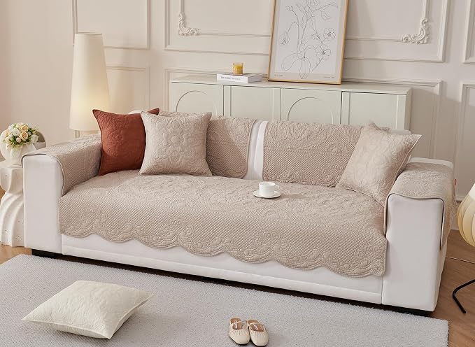 Luxury Vintage Cotton Embroidery Sofa Cover Soft Farmhouse Seat Cushion Cover Floral Quilted Sectional Couch Cover Anti-Slip Sofa Slipcovers Furniture Protector for Dogs Cats (Khaki,36"x28")