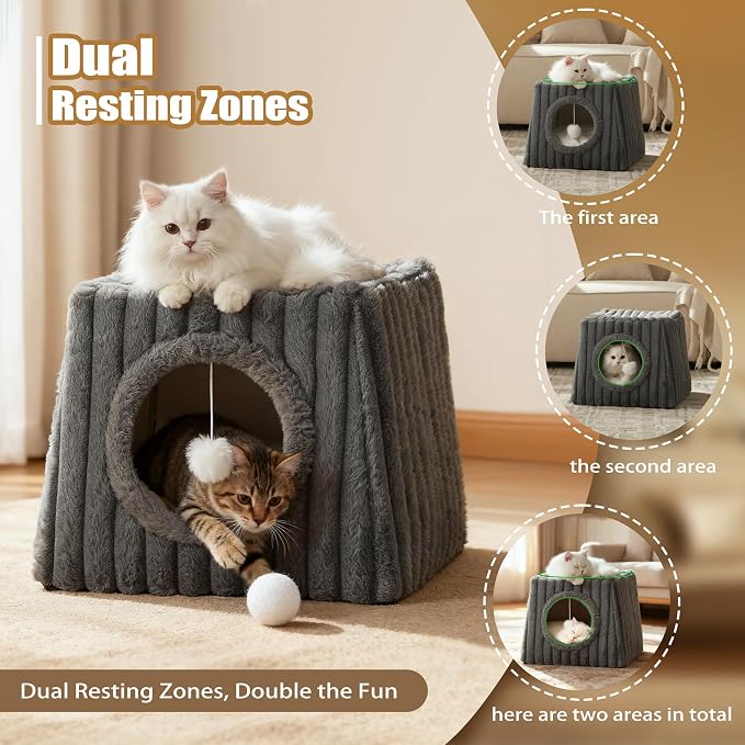 Dogpals Indoor Cat House - Large Cat Cave Bed with Fluffy Balls, Foldable Cat Bed Cave and Apartment with Pads, Suitable for Multiple Small and Large Cats, 18.5x15.4x15.4inches (Deep Grey, XL)