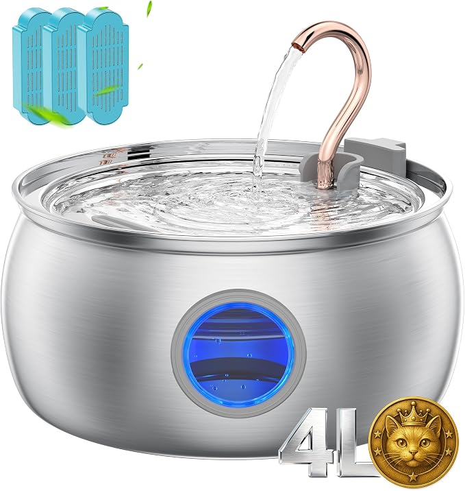 Tomxcute Cat Water Fountain Stainless Steel, 4.0L/135oz with 3 Filters | Ultra Quiet Pump, Copper Gooseneck, Dishwasher Safe, Cat Fountain for Drinking for Cats, Dogs, Multiple Pets