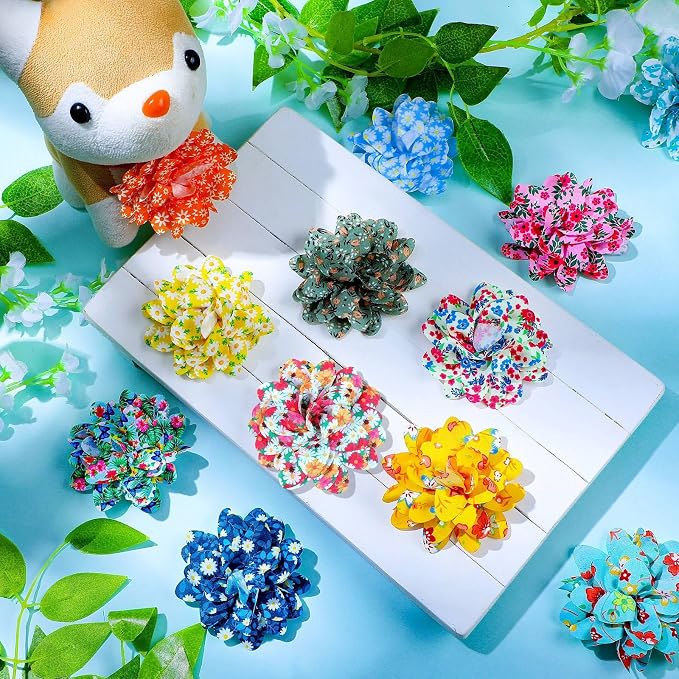 Sadnyy 150 Pcs Dog Flower Bows Collars Bulk for Dogs Puppy Dog Bow Tie Accessories for Small Medium Large Cats Pets Multi Color Chiffon Grooming Decorations(Floral)