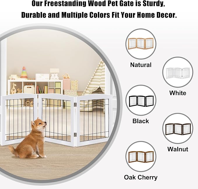 LZRS 3-Panel Freestanding Foldable Wooden Dog Gate –Solid Wood & Steel Wire Chew-Resistant Indoor Safety Pet Fence for Doorways & Stairs, Ideal for Small to Medium Dogs & Puppies, White