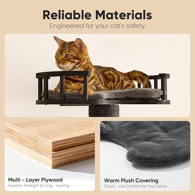 FUKUMARU Cat Wall Shelves, 4 in 1 Set, Black | Stable Wooden Wall-Mounted Furniture Set, Climbing Tree with Hammock, Bed, Perch and Scratching Mat