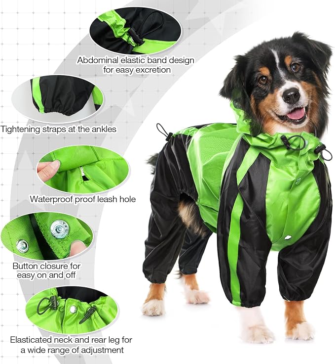 Dog Raincoat, 4 Leg Waterproof Dog Rain Jacket with Hood, Green L | Rain Coat For Small Dogs, Doggy Poncho With Leash Hole, Snap Buttons, For Rainy Snowy Weather Walks, Hiking, Camping