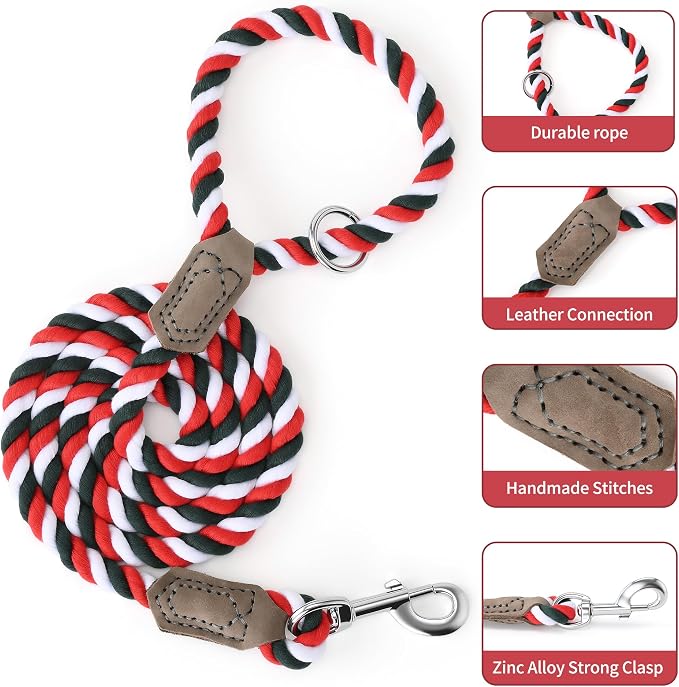 Mile High Life Rainbow Dog Leash Braided Cotton Rope w Leather-Wrapped Ends | Rust-proof 360° swivel clasp, Heavy-duty for medium/large breeds. Great for weddings, daily walks (5FT, 1/2", Red/Green)