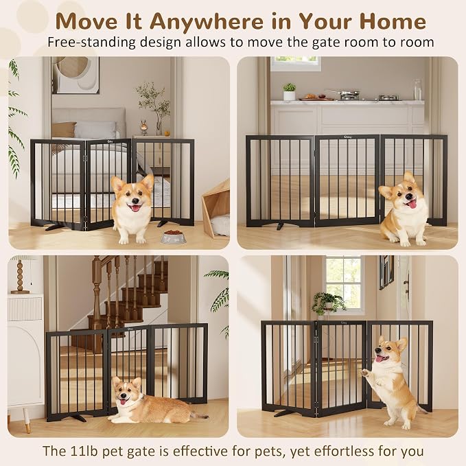 Free Standing Dog Gate Indoor, Foldable Dog Gate for Doorways Stairs | 3-Panel Freestanding Pet Gate with Support Feet for Stability, Folding Puppy Gate Easy to Move, Doggy Gate 54"x24", Black