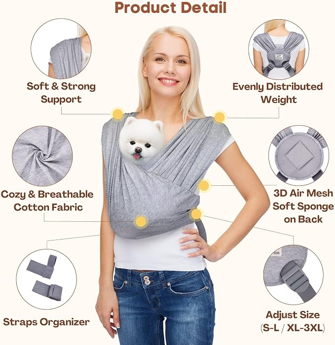 Dog Carrier for Small Dogs, Front Facing Dog Carrier Sling, Hands Free Cat Sling, Size Adjustable, Reducing Back Pain, Soft Cotton, Premium Dog Sling Carrier (Plus, Heather Gray) | Patented Front Carrier Reduces Back and Neck Strain; Adjustable, Soft C...