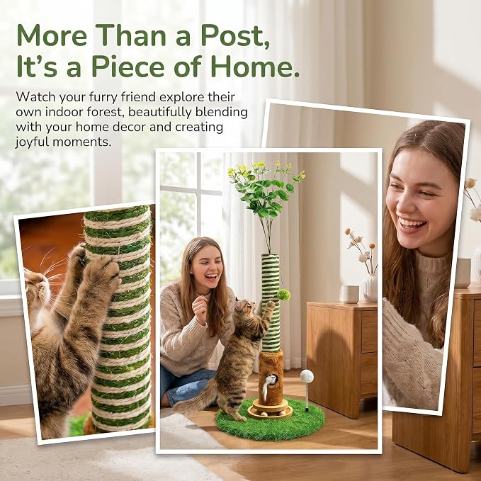 Cat Scratching Post 39'' Tall with Interactive Ball & Mouse Hole | For Indoor Adult Cats, Sisal Rope Cat Tree Tower. Kitty Scratcher Furniture with Artificial Grass Tree for Kittens Cat Toys