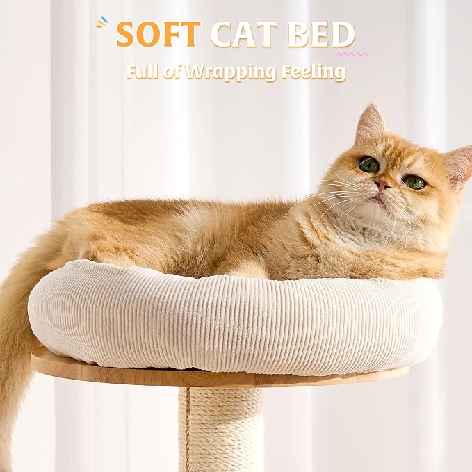 HITTITE Solid Wood Cat Tree Tower with Scratching Post, 61 Inches Tall Cat Towers with Capsule and Condo, Modern Cat Tower with Hammock and Removable Top Bed for Indoor Cats.White