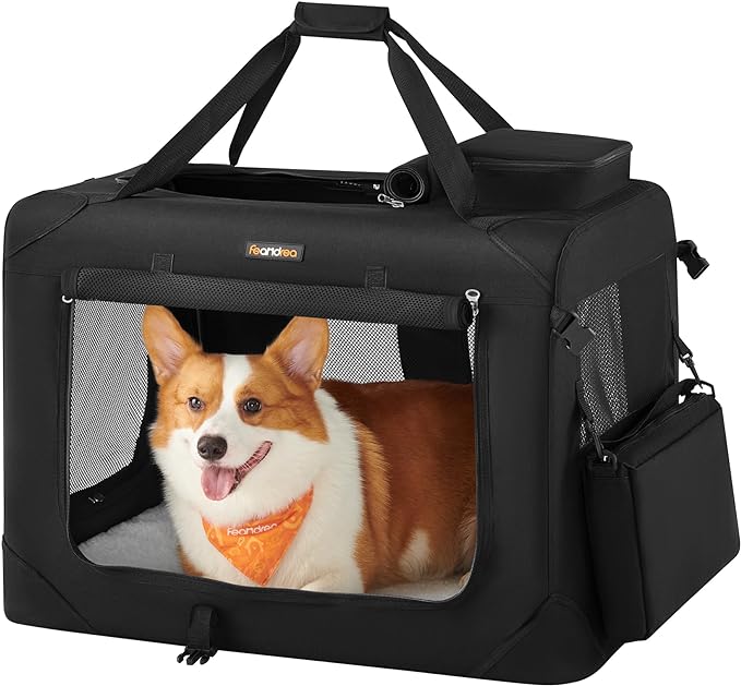 Feandrea Collapsible Soft Dog Crate, Portable Travel, 28 Inches | Dog Carrier Kennel with Safety Zippers for Living Room, Car, Travelling, Black UPDC70H
