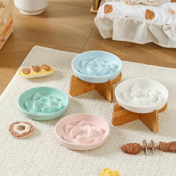 Elevated Ceramic Slow Feeder Cat Bowl, 6.3'' Wide Whisker Friendly | Slow Eating 5x, Anti Vomit Shallow Slow Eating Cat Dish, 3.7" H Raised Cat Puzzle Feeder for Dry and Wet Food, 6.3" X 1.2"