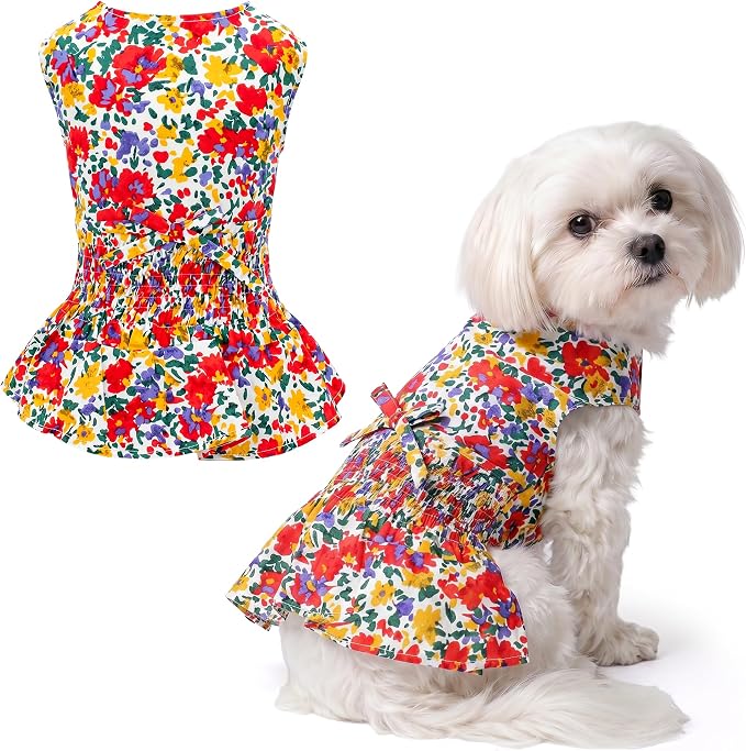 Parisian Pet Floral Dog Dress - 100% Cotton Summer Clothes for Small Dogs Girl - Ruched Waist Pet Dress - Stylish Printed Beach Dog Outfit - Lightweight Puppy Clothes - Sleeveless Dresses for Dogs