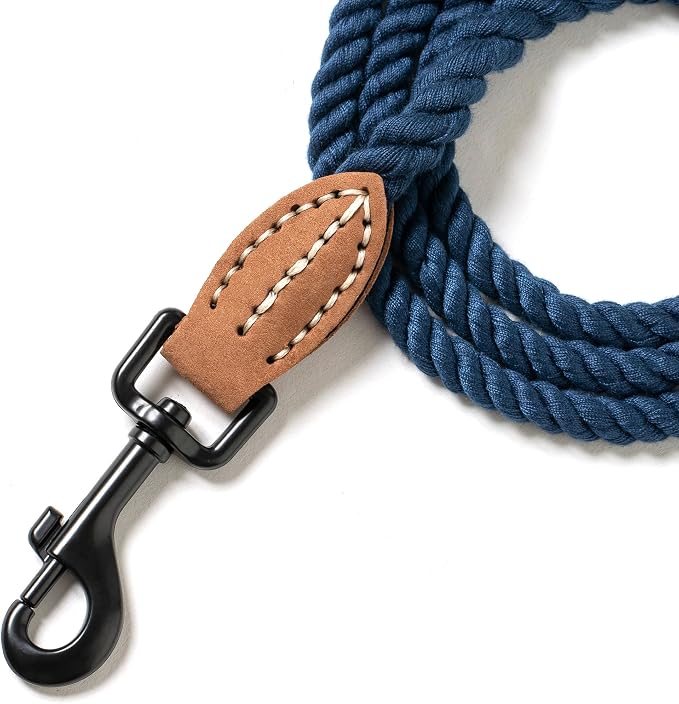 Mile High Life Dog Leash Braided Cotton Rope with Leather-Reinforced Ends | Rust-proof 360° swivel clasp, Heavy-duty for small/medium breeds. Great for weddings, daily walks (5 FT, 1/3", Navy)