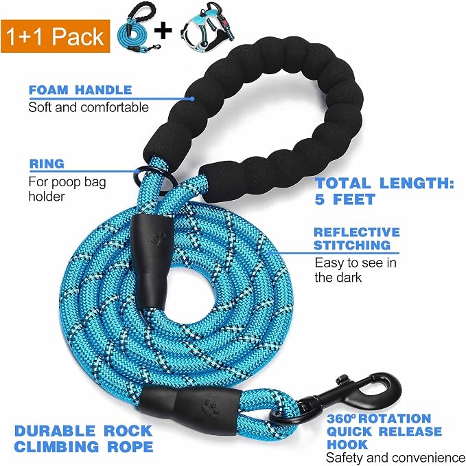 tobeDRI No Pull Dog Harness Adjustable Reflective Oxford Easy Control Medium Large Dog Harness with A Free Heavy Duty 5ft Dog Leash, Blue/Grey, M