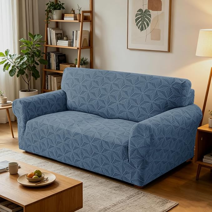 ZNSAYOTX Stretch Couch Cover, 1 Piece Sofa Covers for 2 Cushion Couch, Jacquard Loveseat Slipcovers with Elastic Bottom Thickened Furniture Protector for Dog Cat Pet (Medium, Dark Grey)
