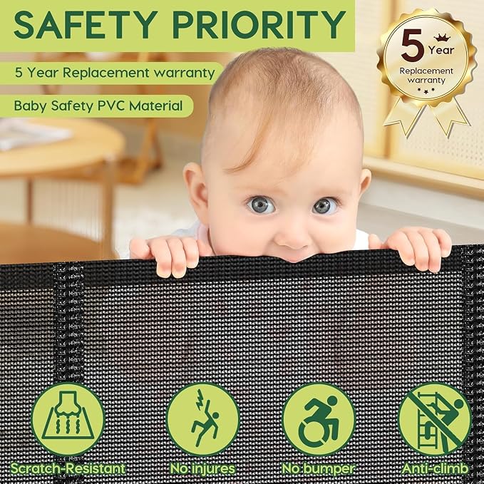 2 Pack Reinforced 55" Wide Retractable Baby Gates with Reinforced Strips, Indoor/Outdoor Retractable Dog Gate for Doorway Prevent Bottom Drilling Through, No Bottom Bar Safety Mesh Baby Gate for Stair
