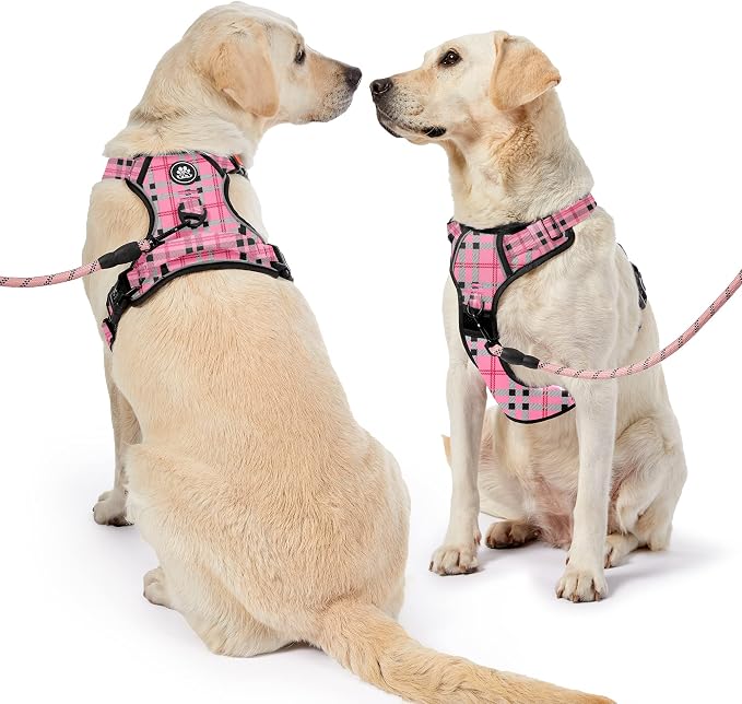 NESTROAD No Pull Dog Harness with Leash, Reflective No Choke Pet Vest Harness,Adjustable Soft Padded Dog Harness with Easy Control Handle for Large Dogs(Checkered Pink,Large)