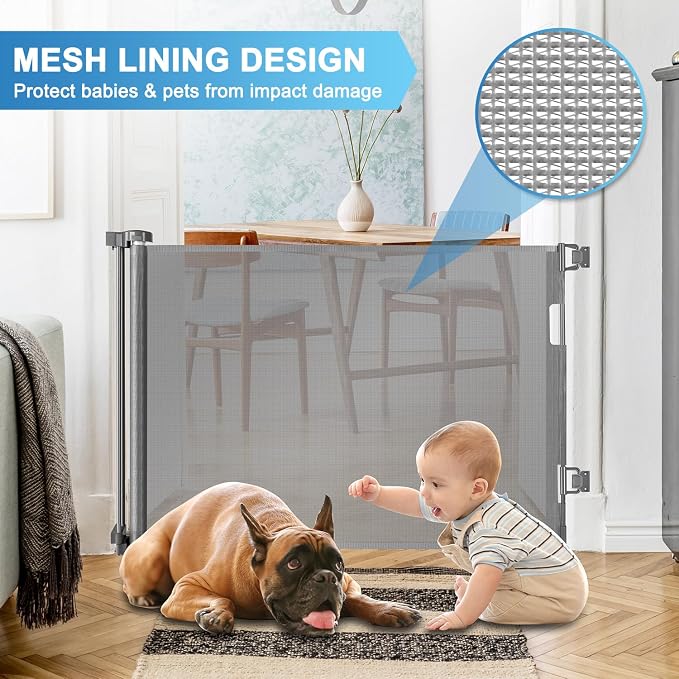 55 Inch Wide Retractable Baby Gate Mesh Dog Gate, Indoor & Outdoor, Gray | Retractable Gate for Stair/Doorway, Space-Saving, Easy One-Hand Operation, Safety Lock, Scratch-Resistant Mesh, Easy Install