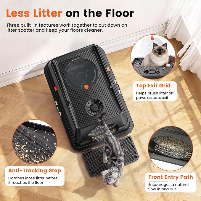 XL Stainless Steel Litter Box with Lid, Enclosed Metal Litter Box | High Sides, Urine and Litter Control, Odor Filter, Flip-Top, Easy-Clean Pan, Scoop & Step, Big Cats, Multi-Cat Homes, Black
