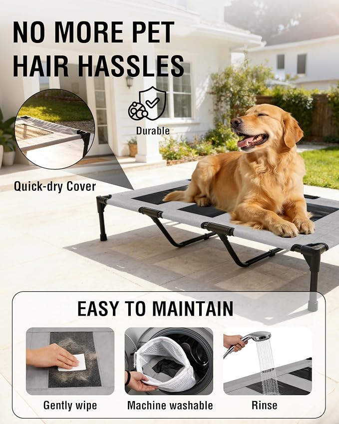 Elevated Dog Bed with Heavy-Duty Steel Frame, Breathable Mesh Cooling Surface, Easy to Clean, Portable Raised Dog Cot for Indoor & Outdoor Use,49x32x8 InchesGrey Dog Bed,Size L.
