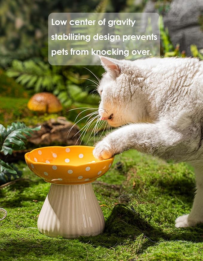 Mushroom Cat Bowl, Raised Ceramic Cat Food Dish for Whisker Fatigue, Forest Style Pet Water Bowl, Elevated Tilted Neck Protection Feeder for Indoor Cats & Small Dogs (Red & Black)