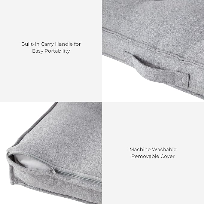 Indoor Dog Bed with Removable Washable Cover, Soft Basketweave Fabric, Reversible Cushion, Carry Handle, Baffle Construction to Help Prevent Fill Shifting, Cement - Medium (32"x32")