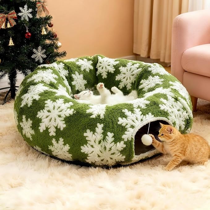 Cat Tunnel Bed for Indoor Cats - Soft Plush Donut Tunnel Bed with Snowflake Design & Washable Anti-Slip Mat, Multifunctional Playground Toys for Cats, Kittens & Small Pets.(Green)