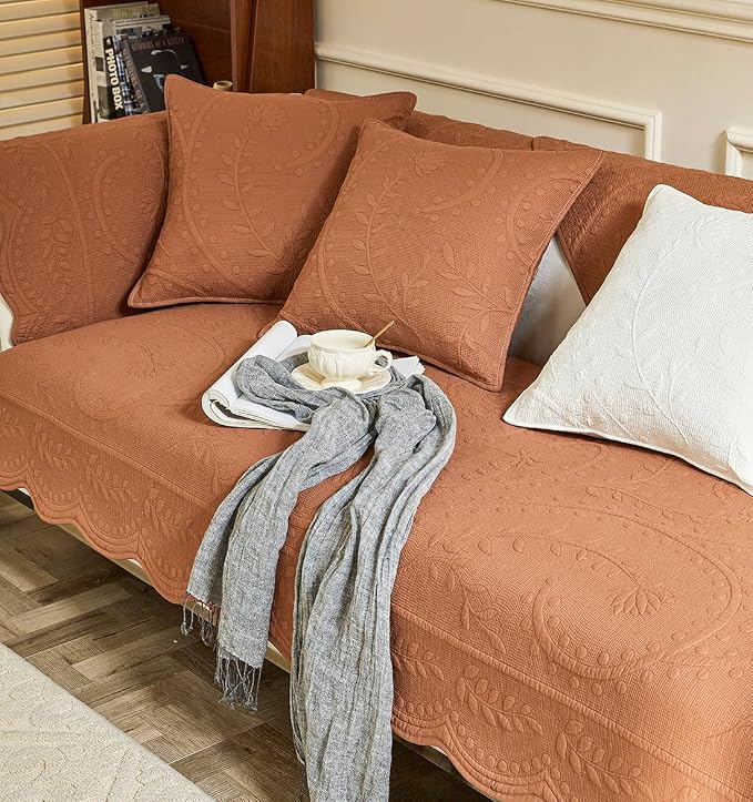 Leaf Floral Cotton Quilted Dog Couch Cover for Sofa Farmhouse Rustic Embroidered Sectional Couch Cover Soft Anti-Slip Sofa Slipcover Furniture Protector for Kids, Pets (Orange,36"x47")