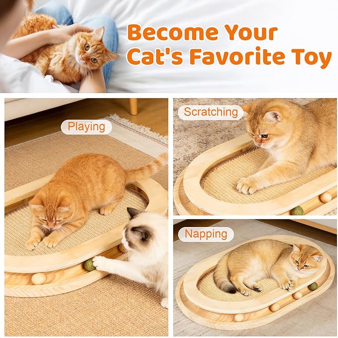 Cat Scratcher, Sisal Scratch Pad with Interactive Ball Track | No Assembly, Natural Sisal, Solid Base, Track with 3 Wooden Balls + 1 Catnip Ball, No Slip Pads, for Cat Exercise Sleep Chase