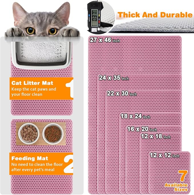 Cat Litter Mat 12"x12",Double Layer EVA litterbox Mat, Pink | Waterproof honeycomb large grid, urine-proof and odor-free. Traps litter, easy cleanup,Washable, non-slip backing