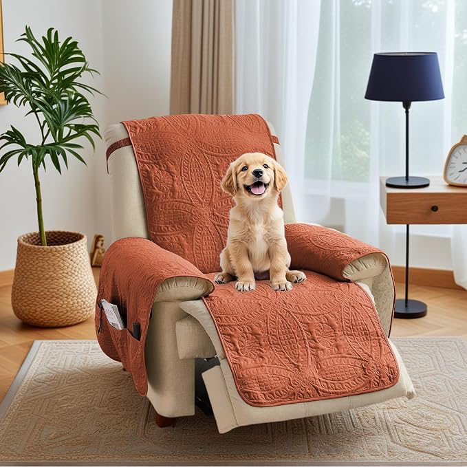 Quilted Recliner Chair Covers, Soft Lazy Boy Chair Covers, Water-Repellent Recliner Covers, Pet Friendly Chair Cover for Dogs Cats, Washable Sofa Protector (Recliner 22", Burnt Orange)