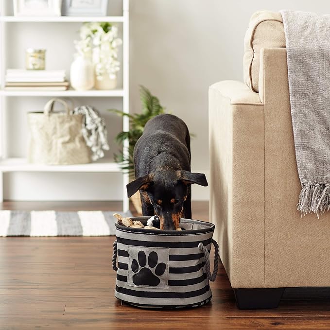 Bone Dry Pet Storage Collection Striped Paw Patch Bin, Black, Small Round