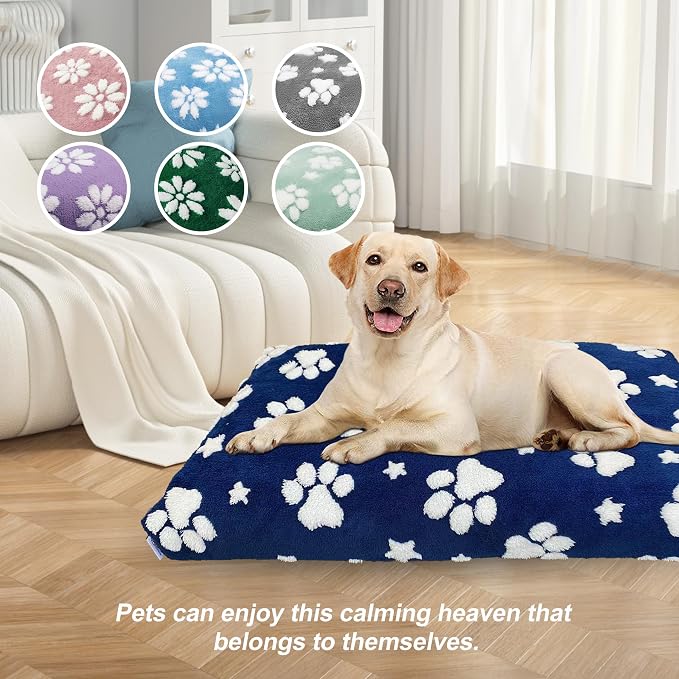 Cute Fluffy Dog Beds for Large Dogs, 35"x 22", Navy Paw | Thick Dog Bed for Crate Kennel, Pet Bed with Removable Washable Cover, Anti-Slip Bottom