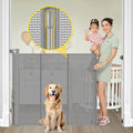 Reinforced 42” Extra Tall Pet Gate for Doorways, Extends up to 60” Wide, Extra Tall Retractable Baby Gates with Rods to Prevent Crawling Through Retractable Mesh Dog Gate Indoor Outdoor, Gray