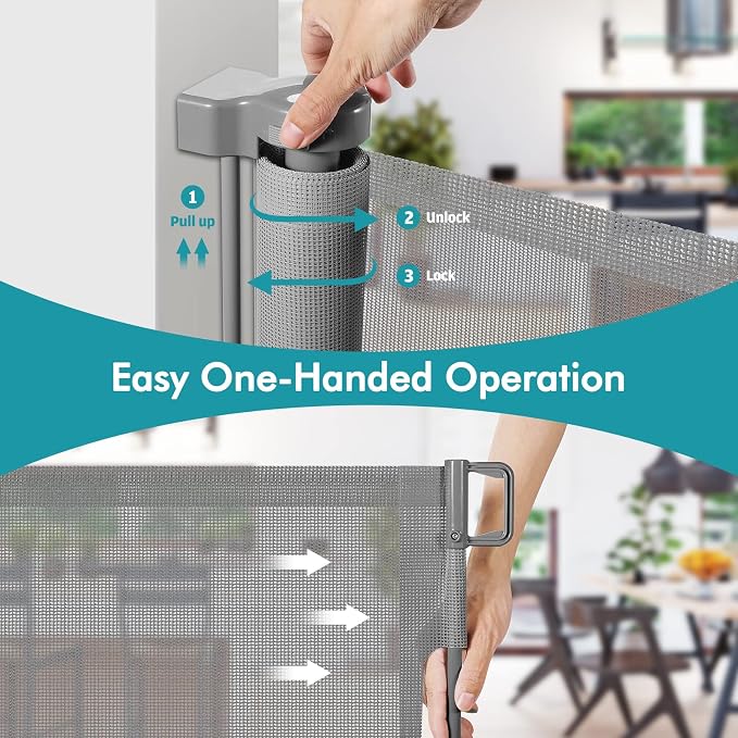 140" Extra Wide Retractable Baby Gate Extra Long Dog Gate Indoor Outdoor | Retractable Fence for Large Openings, Garage Dog Gate, Space-Saving, Easy to Use, Safety Lock, Sturdy Mesh, Easy Install/Gray