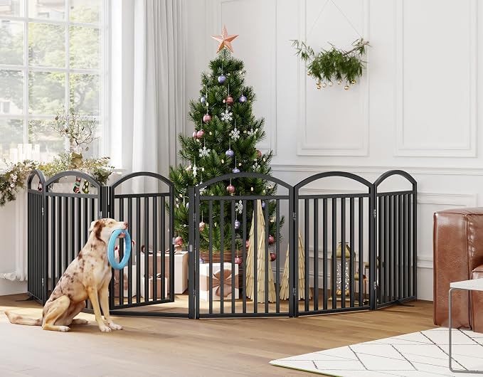 Foldable Pet Fence 144" Wide, 32" Tall,No-Assembly Dog Gate with Door,Black | 6 Panels Metal Folding Freestanding Dog Gate Walk Through,Extra Accordion Puppy Folding Playpen for Doorways, Stairs,House