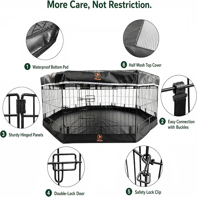 PJYuCien Puppy Playpen with Top Cover & Bottom Pad, 8 Panels 24" H, Black | 24"W, Small Pet Safe Sanctuary, Foldable Octagonal Pen, Versatile, Indoor & Outdoor, Backyard Pasture, Protects Floors
