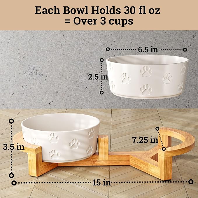 Ceramic Dog Bowl Set of 2, Anti-Skid Bamboo Stand, Elevated, 3.8 Cups Each | Thick Ceramic Food and Water Bowls Set of 2, Dishwasher Safe, Anti-Skid Rubber Base, 3.8 Cups per Bowl, Sturdy Bamboo Stand
