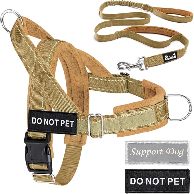 Lukovee No Pull Dog Harness and Leash Set - Adjustable Soft Padded Vest with Front Clip for Easy Control, Reflective Durable Harness for Safe Daily Training Walking for Medium Large Dogs (S, Tan)