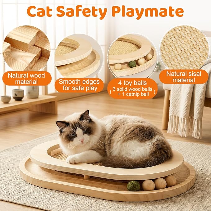 Cat Scratcher, Sisal Scratch Pad with Interactive Ball Track | No Assembly, Natural Sisal, Solid Base, Track with 3 Wooden Balls + 1 Catnip Ball, No Slip Pads, for Cat Exercise Sleep Chase