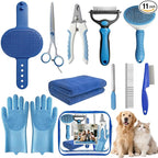11 Piece Dog Grooming Kit - Hair, Nail, Massage Bath Supplies For Pets Cats | slicker dog brush for shedding，comb, undercoat rake, nail clipper tool, towel, scrubber gloves, scissors, all in one fur care