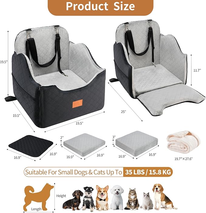 XEEP Dog Car Seat Bed for Small/Medium Dogs Up to 35 lbs, Memory Foam | 2-in-1 Design, Includes Blanket & Urine Pad, 2 Height-Adjust Cushions, Two Safety Tethers, Machine Washable Cover(Black/Grey)