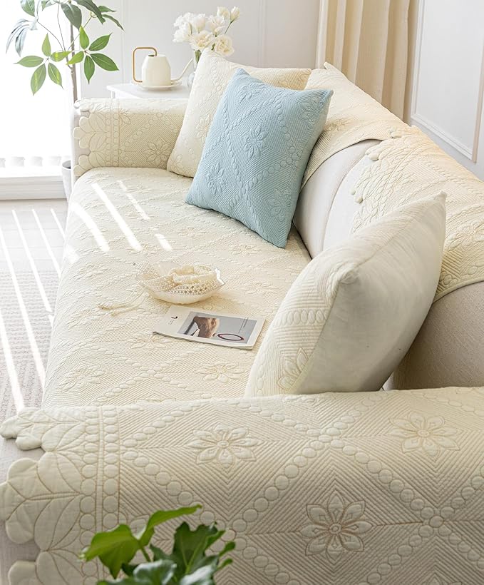 Cotton Quilted Dog Couch Cover for Sofa Farmhouse Rustic Embroidery Sectional Couch Cover Soft Anti-Slip Sofa Slipcover Furniture Protector for Kids, Pets (Ivory,28"x35")