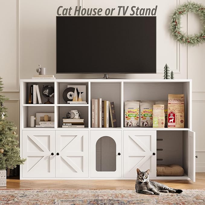 IRONCK Cat Litter Box Enclosure for 2 Cats, Hidden Litter Box Furniture | Double Litter Box Enclosure Cabinet with Double Room and Large Storage Space, Wooden Washroom Furniture, Cat House, White