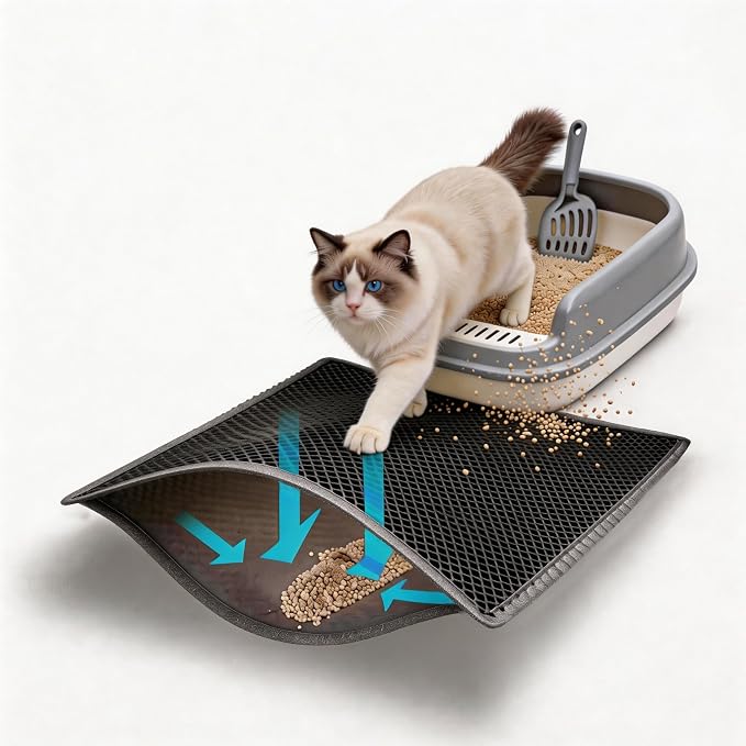 Cat Litter Mat Large 35x25in, Kitty Litter Box Mats Larger for Scatter-Free | 2-Layer Honeycomb Effective Litter Trapping Mat to Less Mess, Waterproof Cat Mat, Easy Lift & Dump to Clean,Mengbu(Gray)
