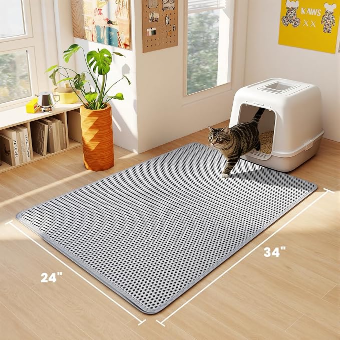 Large Cat Litter Box Mat for Cats, Double Layer Cat Litter Trapping Mats | Waterproof, Urine Proof, Non-Slip Litter Pad for Indoor Honeycomb Large Cat Litter Mat, Easy to Clean Grey (33.8'' x 23.6'')