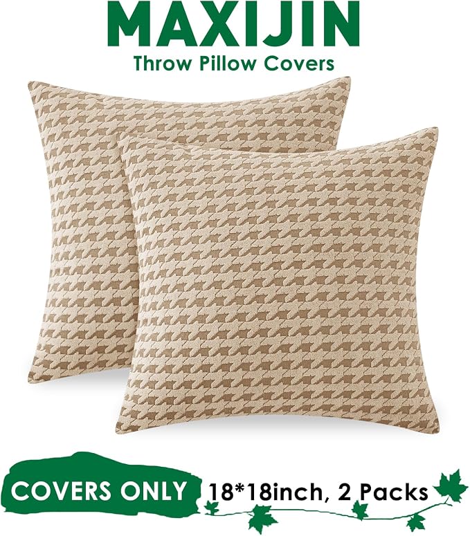 MAXIJIN Pack of 2 Throw Pillow Covers 18x18 Inch, Decorative Soft Couch Pillow Covers Square Accent Cushion Cover Farmhouse Pillow Cases for Sofa Bed Living Room Home Decor, Khaki